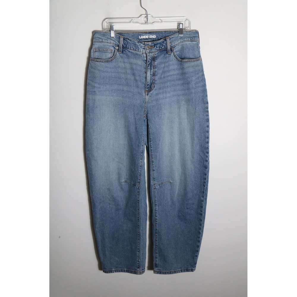 Lands End Barrel‎ Leg Jeans Womens 14 High Rise Ankle Medium Wash Stretch Casual